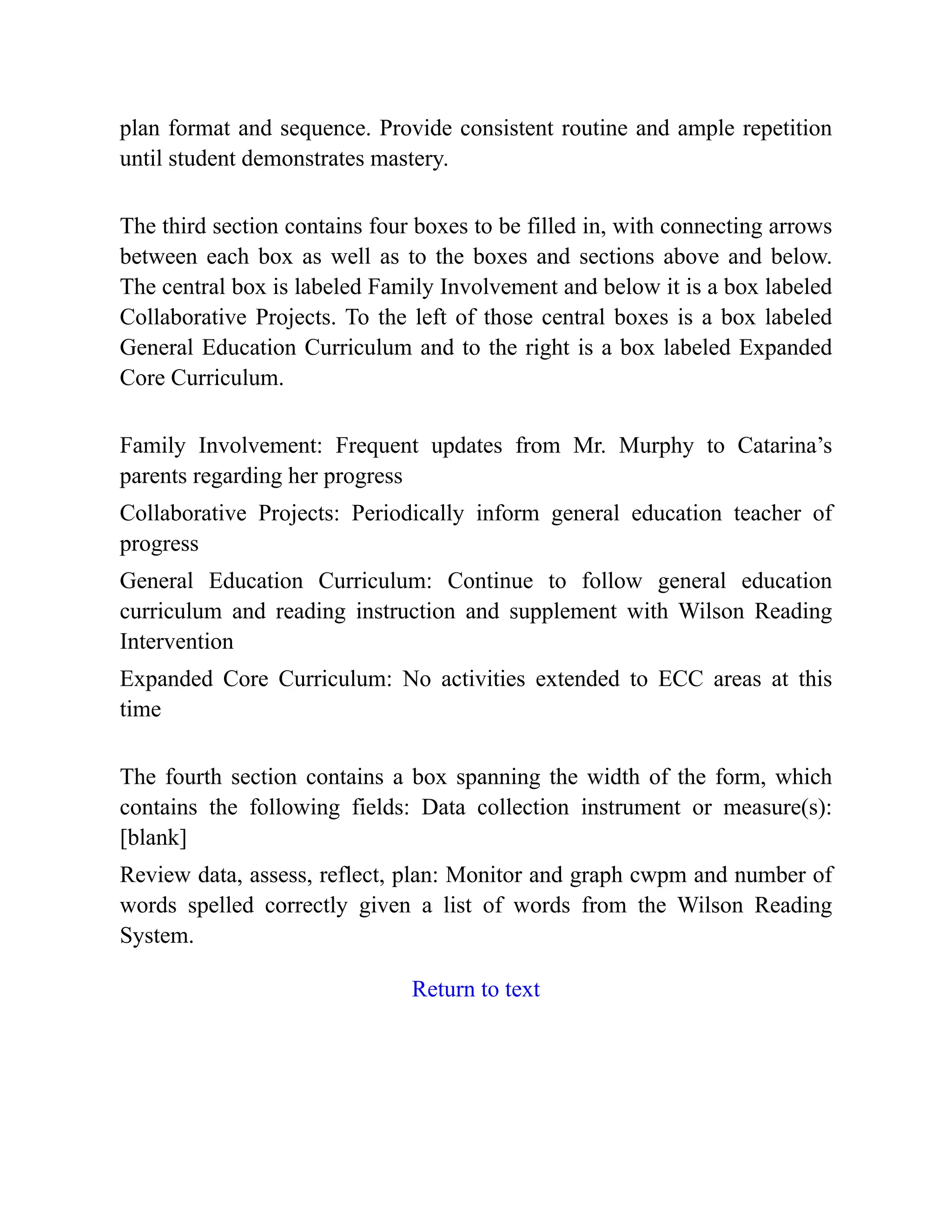 plan format and sequence. Provide consistent routine and ample repetition
until student demonstrates mastery.
The third section contains four boxes to be filled in, with connecting arrows
between each box as well as to the boxes and sections above and below.
The central box is labeled Family Involvement and below it is a box labeled
Collaborative Projects. To the left of those central boxes is a box labeled
General Education Curriculum and to the right is a box labeled Expanded
Core Curriculum.
Family Involvement: Frequent updates from Mr. Murphy to Catarina’s
parents regarding her progress
Collaborative Projects: Periodically inform general education teacher of
progress
General Education Curriculum: Continue to follow general education
curriculum and reading instruction and supplement with Wilson Reading
Intervention
Expanded Core Curriculum: No activities extended to ECC areas at this
time
The fourth section contains a box spanning the width of the form, which
contains the following fields: Data collection instrument or measure(s):
[blank]
Review data, assess, reflect, plan: Monitor and graph cwpm and number of
words spelled correctly given a list of words from the Wilson Reading
System.
Return to text
 