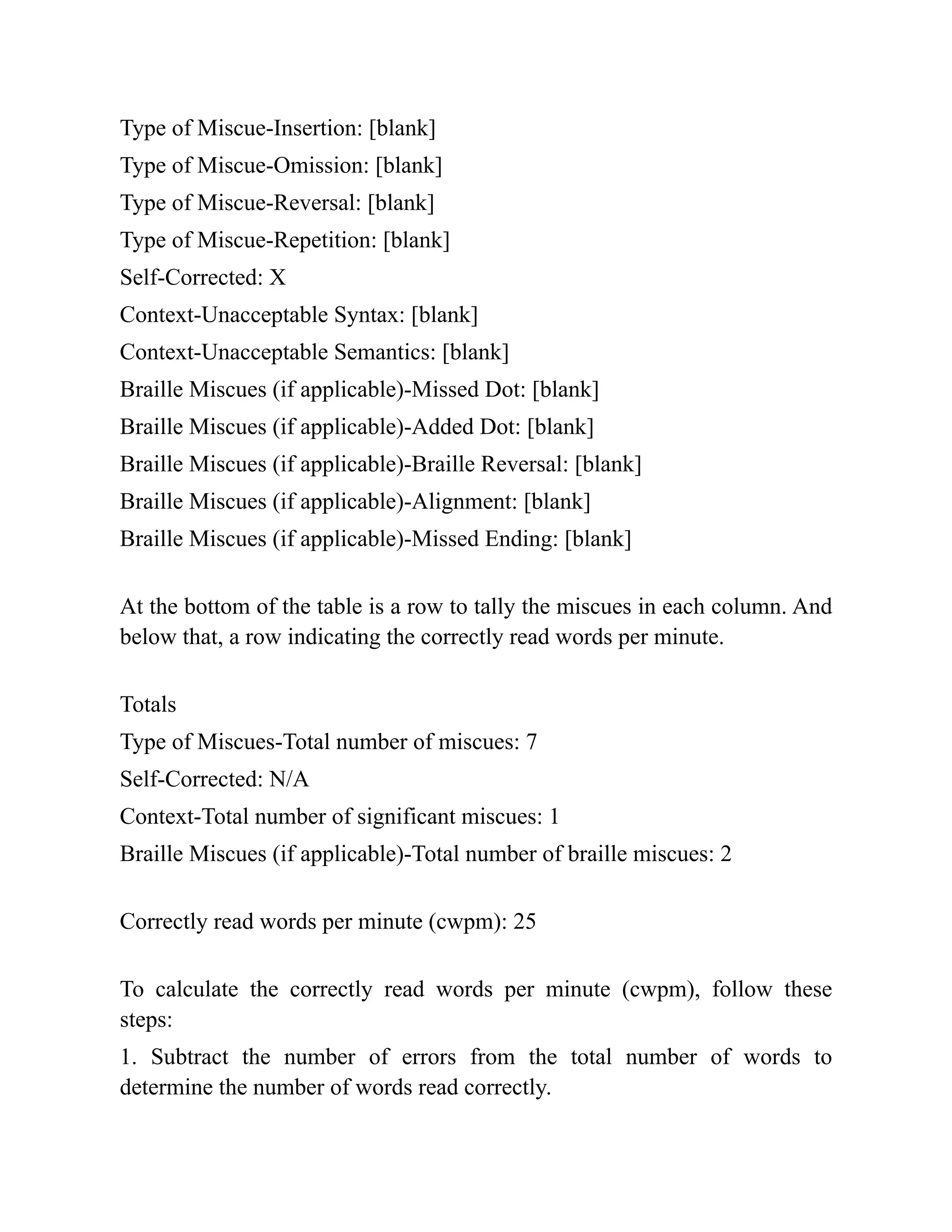 Type of Miscue-Insertion: [blank]
Type of Miscue-Omission: [blank]
Type of Miscue-Reversal: [blank]
Type of Miscue-Repetition: [blank]
Self-Corrected: X
Context-Unacceptable Syntax: [blank]
Context-Unacceptable Semantics: [blank]
Braille Miscues (if applicable)-Missed Dot: [blank]
Braille Miscues (if applicable)-Added Dot: [blank]
Braille Miscues (if applicable)-Braille Reversal: [blank]
Braille Miscues (if applicable)-Alignment: [blank]
Braille Miscues (if applicable)-Missed Ending: [blank]
At the bottom of the table is a row to tally the miscues in each column. And
below that, a row indicating the correctly read words per minute.
Totals
Type of Miscues-Total number of miscues: 7
Self-Corrected: N/A
Context-Total number of significant miscues: 1
Braille Miscues (if applicable)-Total number of braille miscues: 2
Correctly read words per minute (cwpm): 25
To calculate the correctly read words per minute (cwpm), follow these
steps:
1. Subtract the number of errors from the total number of words to
determine the number of words read correctly.
 