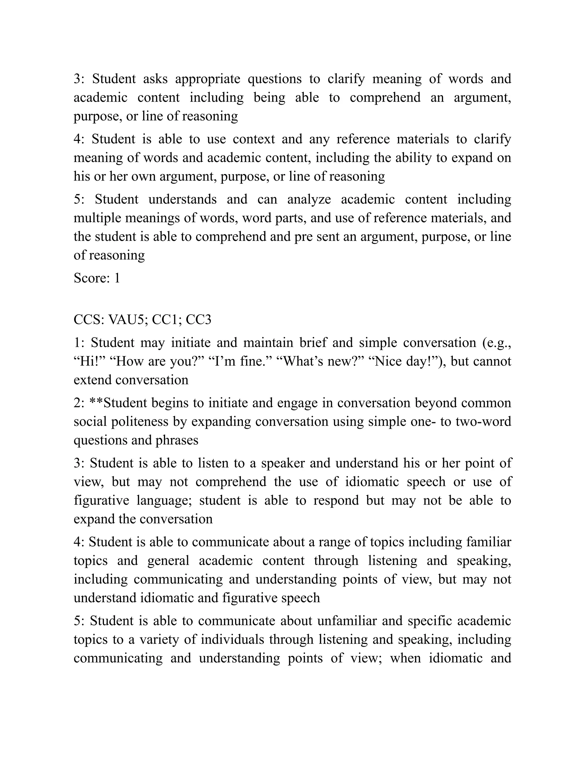 3: Student asks appropriate questions to clarify meaning of words and
academic content including being able to comprehend an argument,
purpose, or line of reasoning
4: Student is able to use context and any reference materials to clarify
meaning of words and academic content, including the ability to expand on
his or her own argument, purpose, or line of reasoning
5: Student understands and can analyze academic content including
multiple meanings of words, word parts, and use of reference materials, and
the student is able to comprehend and pre sent an argument, purpose, or line
of reasoning
Score: 1
CCS: VAU5; CC1; CC3
1: Student may initiate and maintain brief and simple conversation (e.g.,
“Hi!” “How are you?” “I’m fine.” “What’s new?” “Nice day!”), but cannot
extend conversation
2: **Student begins to initiate and engage in conversation beyond common
social politeness by expanding conversation using simple one- to two-word
questions and phrases
3: Student is able to listen to a speaker and understand his or her point of
view, but may not comprehend the use of idiomatic speech or use of
figurative language; student is able to respond but may not be able to
expand the conversation
4: Student is able to communicate about a range of topics including familiar
topics and general academic content through listening and speaking,
including communicating and understanding points of view, but may not
understand idiomatic and figurative speech
5: Student is able to communicate about unfamiliar and specific academic
topics to a variety of individuals through listening and speaking, including
communicating and understanding points of view; when idiomatic and
 
