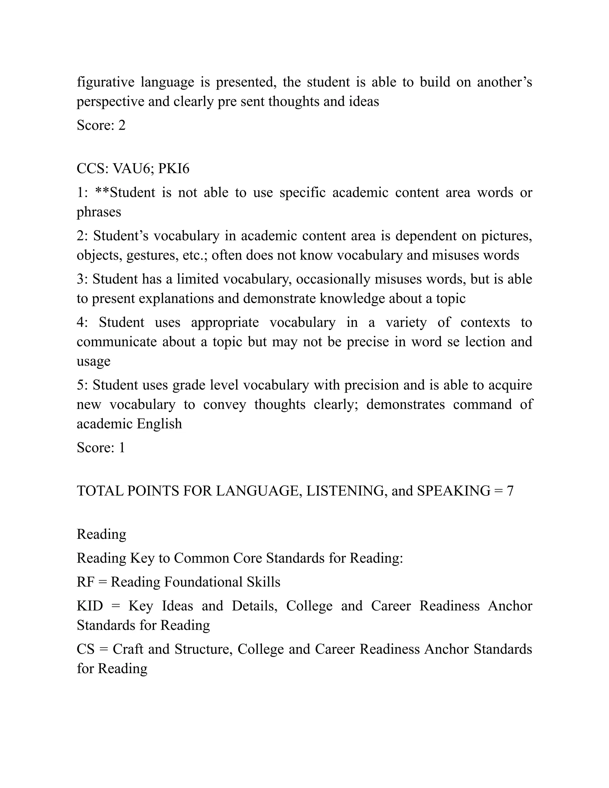 figurative language is presented, the student is able to build on another’s
perspective and clearly pre sent thoughts and ideas
Score: 2
CCS: VAU6; PKI6
1: **Student is not able to use specific academic content area words or
phrases
2: Student’s vocabulary in academic content area is dependent on pictures,
objects, gestures, etc.; often does not know vocabulary and misuses words
3: Student has a limited vocabulary, occasionally misuses words, but is able
to present explanations and demonstrate knowledge about a topic
4: Student uses appropriate vocabulary in a variety of contexts to
communicate about a topic but may not be precise in word se lection and
usage
5: Student uses grade level vocabulary with precision and is able to acquire
new vocabulary to convey thoughts clearly; demonstrates command of
academic English
Score: 1
TOTAL POINTS FOR LANGUAGE, LISTENING, and SPEAKING = 7
Reading
Reading Key to Common Core Standards for Reading:
RF = Reading Foundational Skills
KID = Key Ideas and Details, College and Career Readiness Anchor
Standards for Reading
CS = Craft and Structure, College and Career Readiness Anchor Standards
for Reading
 