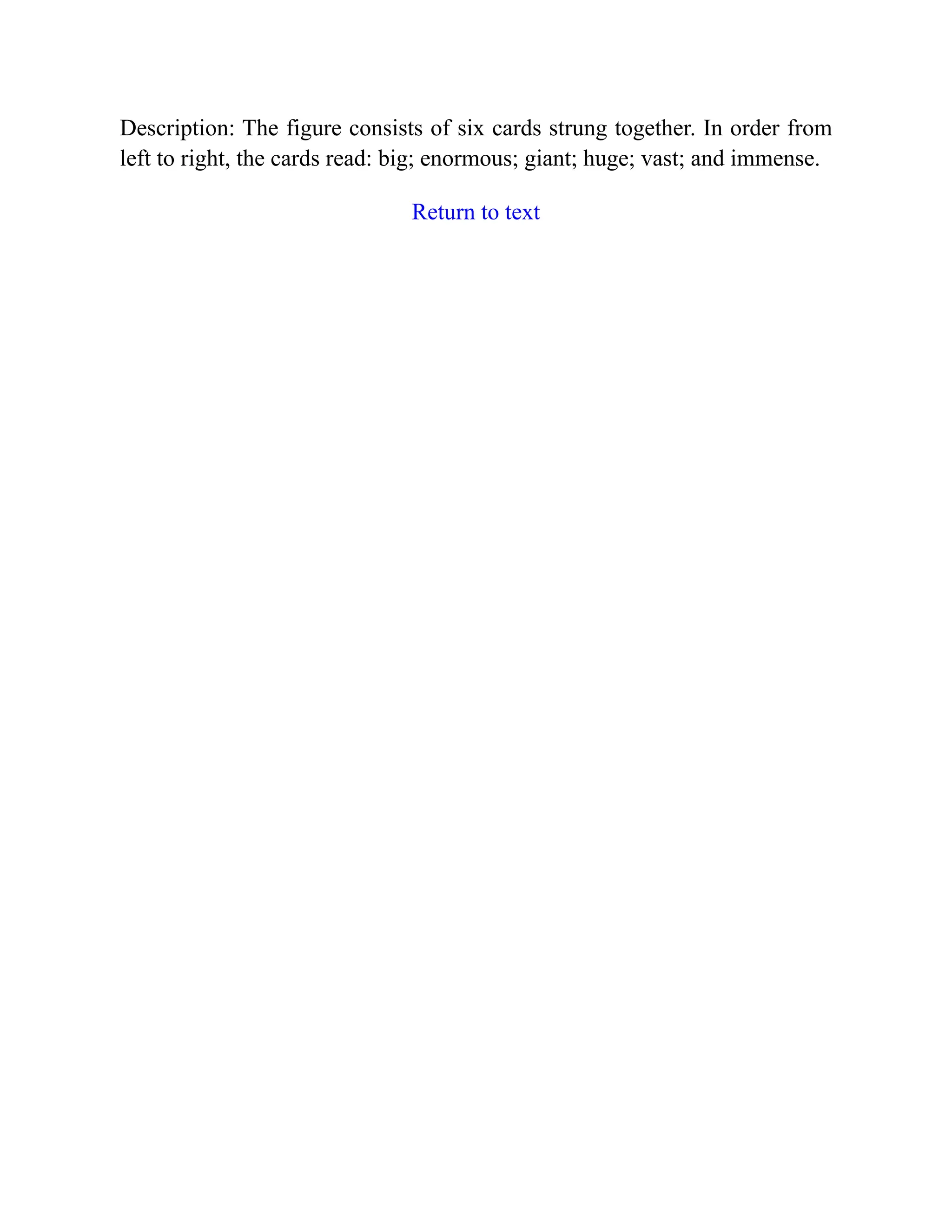 Description: The figure consists of six cards strung together. In order from
left to right, the cards read: big; enormous; giant; huge; vast; and immense.
Return to text
 