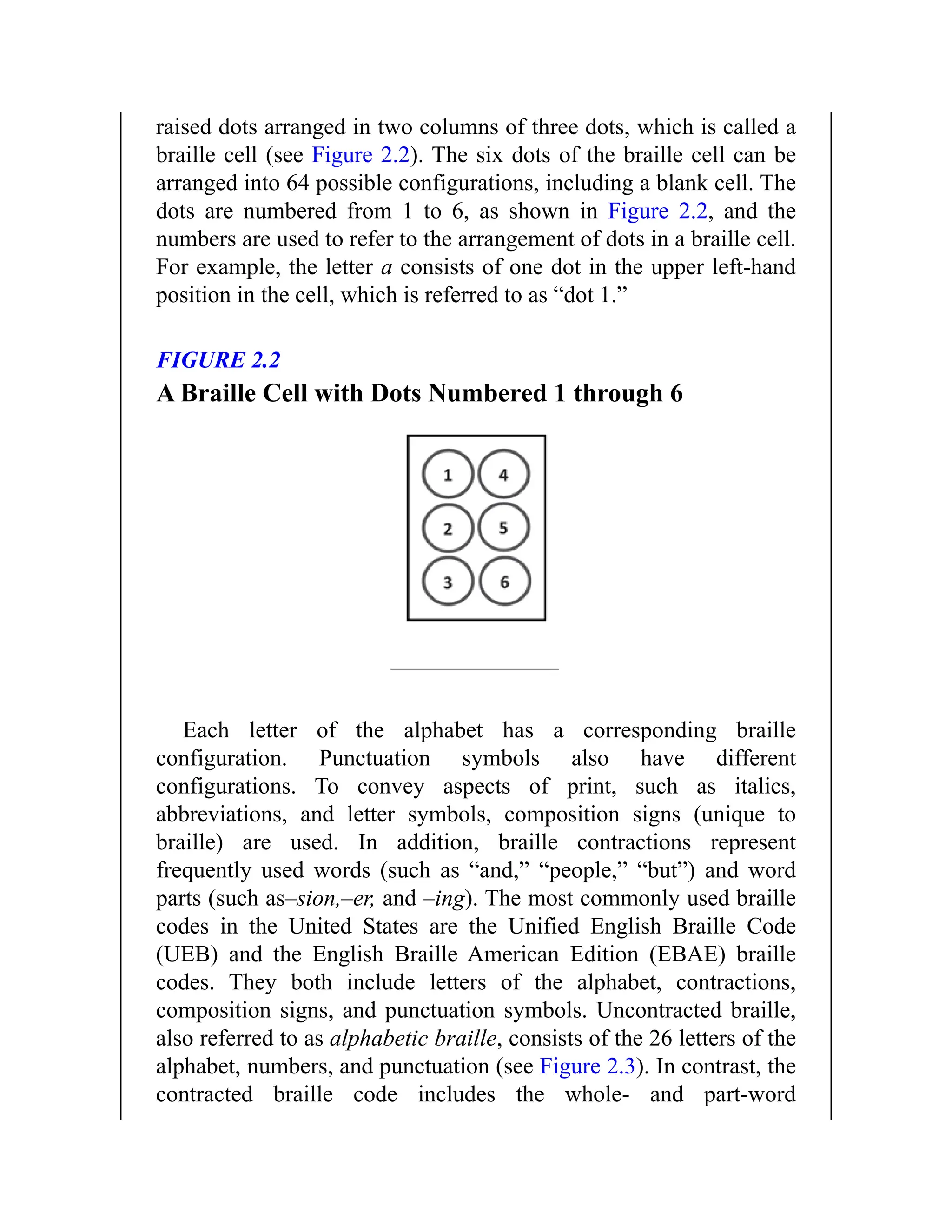 raised dots arranged in two columns of three dots, which is called a
braille cell (see Figure 2.2). The six dots of the braille cell can be
arranged into 64 possible configurations, including a blank cell. The
dots are numbered from 1 to 6, as shown in Figure 2.2, and the
numbers are used to refer to the arrangement of dots in a braille cell.
For example, the letter a consists of one dot in the upper left-hand
position in the cell, which is referred to as “dot 1.”
FIGURE 2.2
A Braille Cell with Dots Numbered 1 through 6
Each letter of the alphabet has a corresponding braille
configuration. Punctuation symbols also have different
configurations. To convey aspects of print, such as italics,
abbreviations, and letter symbols, composition signs (unique to
braille) are used. In addition, braille contractions represent
frequently used words (such as “and,” “people,” “but”) and word
parts (such as–sion,–er, and –ing). The most commonly used braille
codes in the United States are the Unified English Braille Code
(UEB) and the English Braille American Edition (EBAE) braille
codes. They both include letters of the alphabet, contractions,
composition signs, and punctuation symbols. Uncontracted braille,
also referred to as alphabetic braille, consists of the 26 letters of the
alphabet, numbers, and punctuation (see Figure 2.3). In contrast, the
contracted braille code includes the whole- and part-word
 