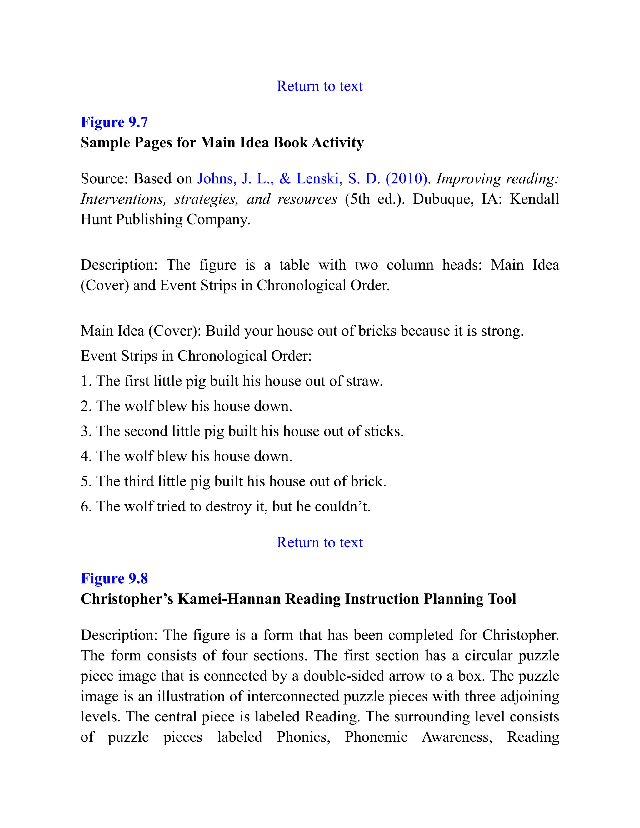 Return to text
Figure 9.7
Sample Pages for Main Idea Book Activity
Source: Based on Johns, J. L., & Lenski, S. D. (2010). Improving reading:
Interventions, strategies, and resources (5th ed.). Dubuque, IA: Kendall
Hunt Publishing Company.
Description: The figure is a table with two column heads: Main Idea
(Cover) and Event Strips in Chronological Order.
Main Idea (Cover): Build your house out of bricks because it is strong.
Event Strips in Chronological Order:
1. The first little pig built his house out of straw.
2. The wolf blew his house down.
3. The second little pig built his house out of sticks.
4. The wolf blew his house down.
5. The third little pig built his house out of brick.
6. The wolf tried to destroy it, but he couldn’t.
Return to text
Figure 9.8
Christopher’s Kamei-Hannan Reading Instruction Planning Tool
Description: The figure is a form that has been completed for Christopher.
The form consists of four sections. The first section has a circular puzzle
piece image that is connected by a double-sided arrow to a box. The puzzle
image is an illustration of interconnected puzzle pieces with three adjoining
levels. The central piece is labeled Reading. The surrounding level consists
of puzzle pieces labeled Phonics, Phonemic Awareness, Reading
 