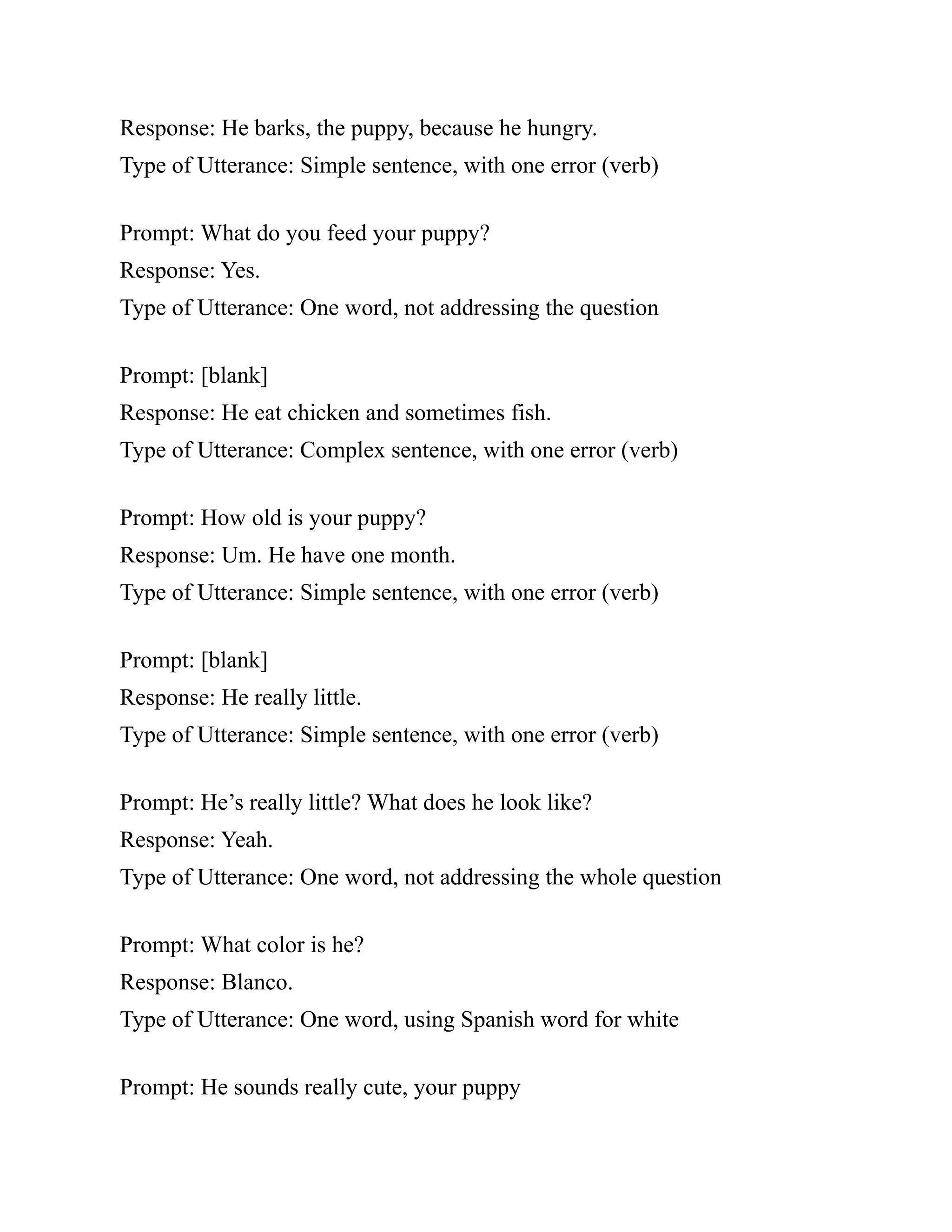 Response: He barks, the puppy, because he hungry.
Type of Utterance: Simple sentence, with one error (verb)
Prompt: What do you feed your puppy?
Response: Yes.
Type of Utterance: One word, not addressing the question
Prompt: [blank]
Response: He eat chicken and sometimes fish.
Type of Utterance: Complex sentence, with one error (verb)
Prompt: How old is your puppy?
Response: Um. He have one month.
Type of Utterance: Simple sentence, with one error (verb)
Prompt: [blank]
Response: He really little.
Type of Utterance: Simple sentence, with one error (verb)
Prompt: He’s really little? What does he look like?
Response: Yeah.
Type of Utterance: One word, not addressing the whole question
Prompt: What color is he?
Response: Blanco.
Type of Utterance: One word, using Spanish word for white
Prompt: He sounds really cute, your puppy
 