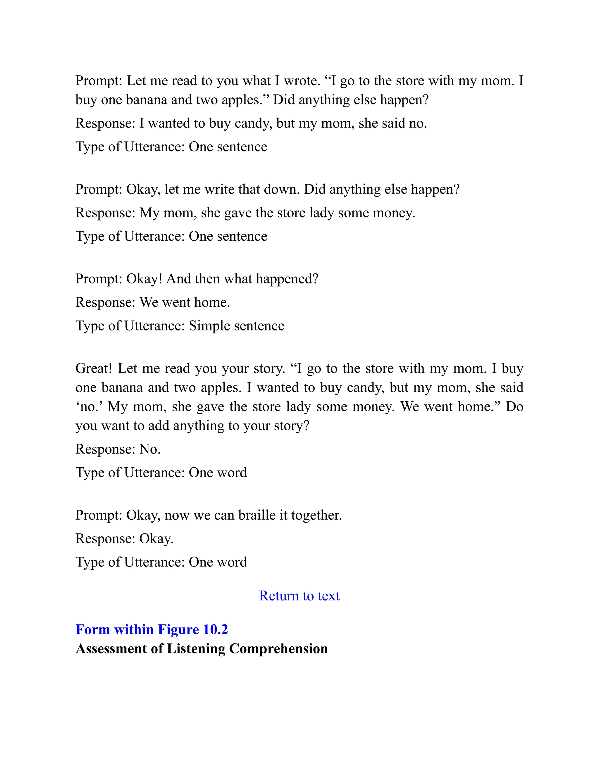 Prompt: Let me read to you what I wrote. “I go to the store with my mom. I
buy one banana and two apples.” Did anything else happen?
Response: I wanted to buy candy, but my mom, she said no.
Type of Utterance: One sentence
Prompt: Okay, let me write that down. Did anything else happen?
Response: My mom, she gave the store lady some money.
Type of Utterance: One sentence
Prompt: Okay! And then what happened?
Response: We went home.
Type of Utterance: Simple sentence
Great! Let me read you your story. “I go to the store with my mom. I buy
one banana and two apples. I wanted to buy candy, but my mom, she said
‘no.’ My mom, she gave the store lady some money. We went home.” Do
you want to add anything to your story?
Response: No.
Type of Utterance: One word
Prompt: Okay, now we can braille it together.
Response: Okay.
Type of Utterance: One word
Return to text
Form within Figure 10.2
Assessment of Listening Comprehension
 