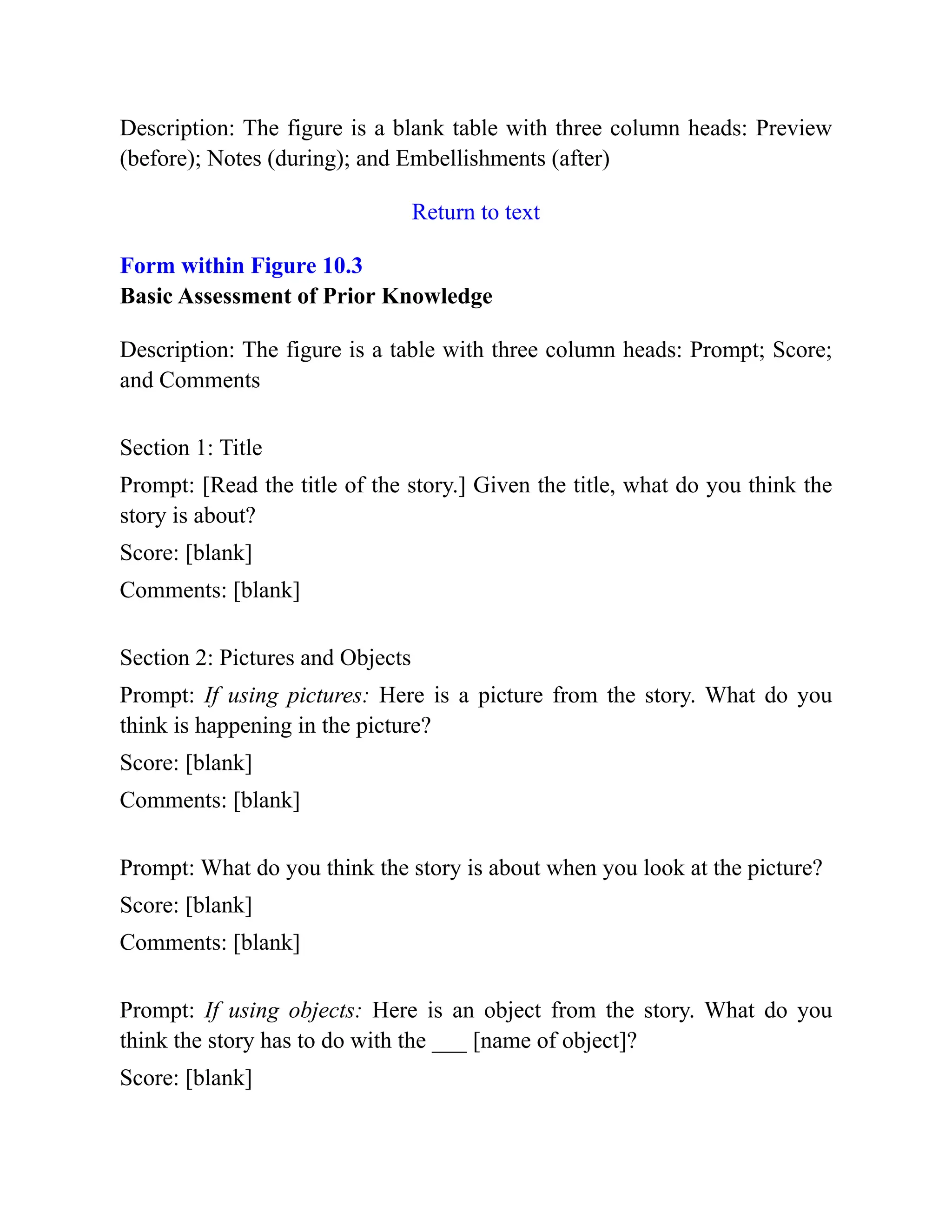 Description: The figure is a blank table with three column heads: Preview
(before); Notes (during); and Embellishments (after)
Return to text
Form within Figure 10.3
Basic Assessment of Prior Knowledge
Description: The figure is a table with three column heads: Prompt; Score;
and Comments
Section 1: Title
Prompt: [Read the title of the story.] Given the title, what do you think the
story is about?
Score: [blank]
Comments: [blank]
Section 2: Pictures and Objects
Prompt: If using pictures: Here is a picture from the story. What do you
think is happening in the picture?
Score: [blank]
Comments: [blank]
Prompt: What do you think the story is about when you look at the picture?
Score: [blank]
Comments: [blank]
Prompt: If using objects: Here is an object from the story. What do you
think the story has to do with the ___ [name of object]?
Score: [blank]
 