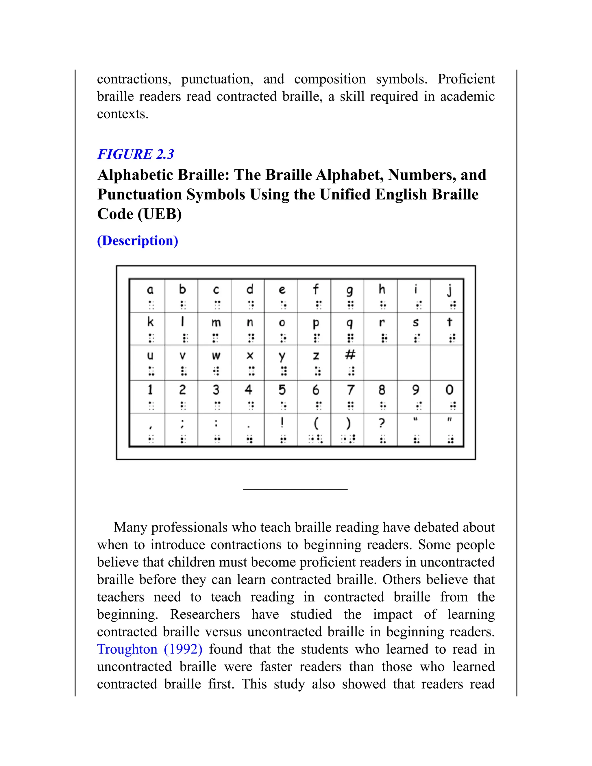 contractions, punctuation, and composition symbols. Proficient
braille readers read contracted braille, a skill required in academic
contexts.
FIGURE 2.3
Alphabetic Braille: The Braille Alphabet, Numbers, and
Punctuation Symbols Using the Unified English Braille
Code (UEB)
(Description)
Many professionals who teach braille reading have debated about
when to introduce contractions to beginning readers. Some people
believe that children must become proficient readers in uncontracted
braille before they can learn contracted braille. Others believe that
teachers need to teach reading in contracted braille from the
beginning. Researchers have studied the impact of learning
contracted braille versus uncontracted braille in beginning readers.
Troughton (1992) found that the students who learned to read in
uncontracted braille were faster readers than those who learned
contracted braille first. This study also showed that readers read
 