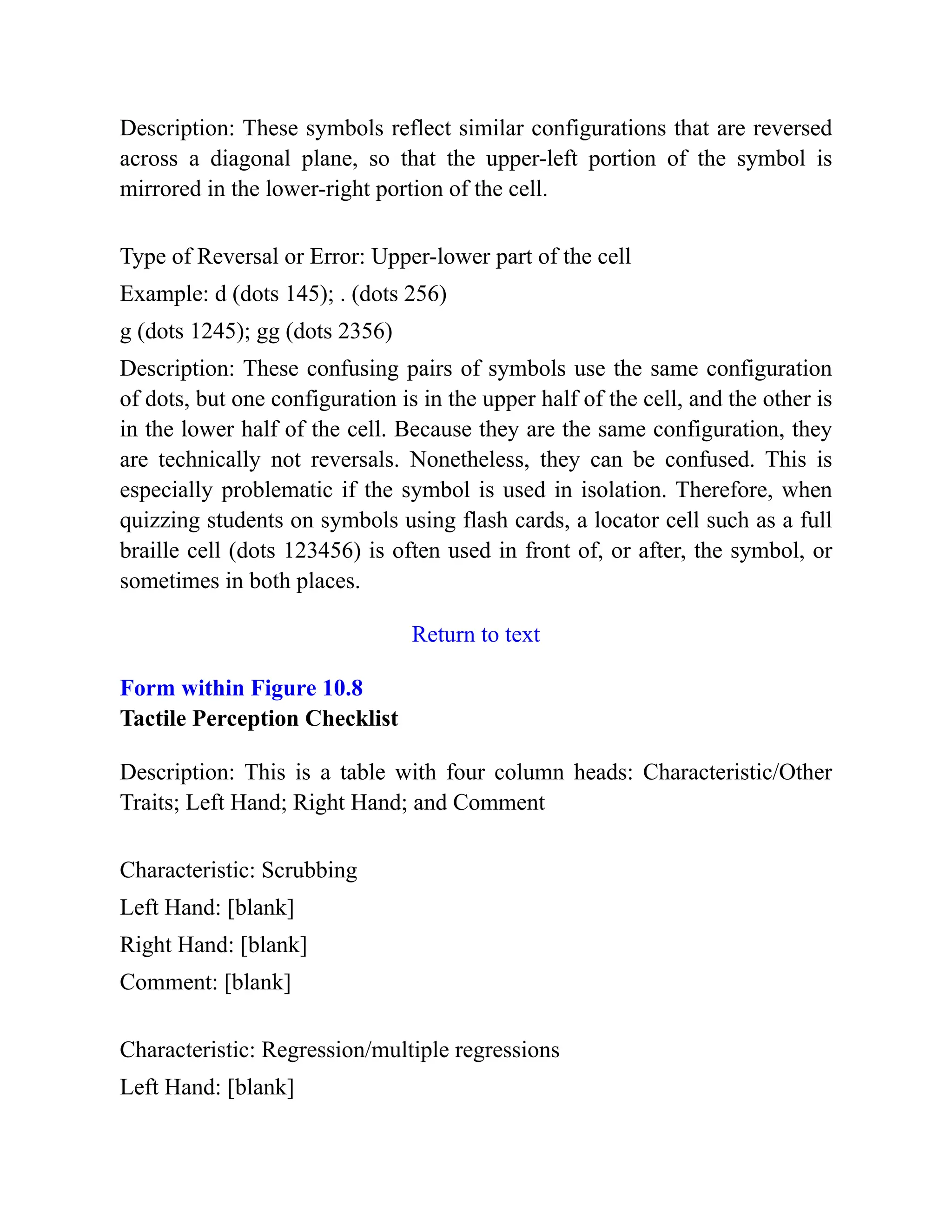 Description: These symbols reflect similar configurations that are reversed
across a diagonal plane, so that the upper-left portion of the symbol is
mirrored in the lower-right portion of the cell.
Type of Reversal or Error: Upper-lower part of the cell
Example: d (dots 145); . (dots 256)
g (dots 1245); gg (dots 2356)
Description: These confusing pairs of symbols use the same configuration
of dots, but one configuration is in the upper half of the cell, and the other is
in the lower half of the cell. Because they are the same configuration, they
are technically not reversals. Nonetheless, they can be confused. This is
especially problematic if the symbol is used in isolation. Therefore, when
quizzing students on symbols using flash cards, a locator cell such as a full
braille cell (dots 123456) is often used in front of, or after, the symbol, or
sometimes in both places.
Return to text
Form within Figure 10.8
Tactile Perception Checklist
Description: This is a table with four column heads: Characteristic/Other
Traits; Left Hand; Right Hand; and Comment
Characteristic: Scrubbing
Left Hand: [blank]
Right Hand: [blank]
Comment: [blank]
Characteristic: Regression/multiple regressions
Left Hand: [blank]
 