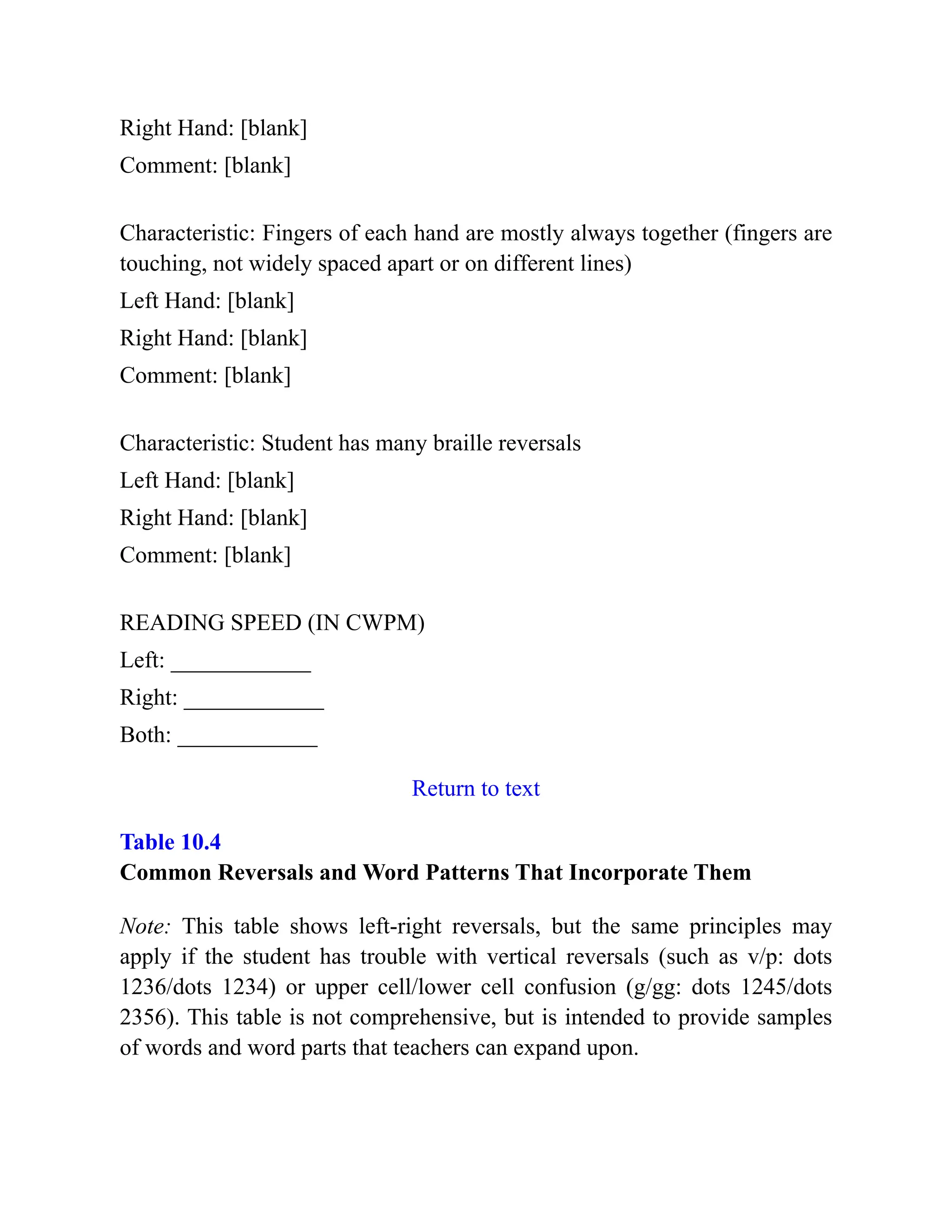 Right Hand: [blank]
Comment: [blank]
Characteristic: Fingers of each hand are mostly always together (fingers are
touching, not widely spaced apart or on different lines)
Left Hand: [blank]
Right Hand: [blank]
Comment: [blank]
Characteristic: Student has many braille reversals
Left Hand: [blank]
Right Hand: [blank]
Comment: [blank]
READING SPEED (IN CWPM)
Left: ____________
Right: ____________
Both: ____________
Return to text
Table 10.4
Common Reversals and Word Patterns That Incorporate Them
Note: This table shows left-right reversals, but the same principles may
apply if the student has trouble with vertical reversals (such as v/p: dots
1236/dots 1234) or upper cell/lower cell confusion (g/gg: dots 1245/dots
2356). This table is not comprehensive, but is intended to provide samples
of words and word parts that teachers can expand upon.
 