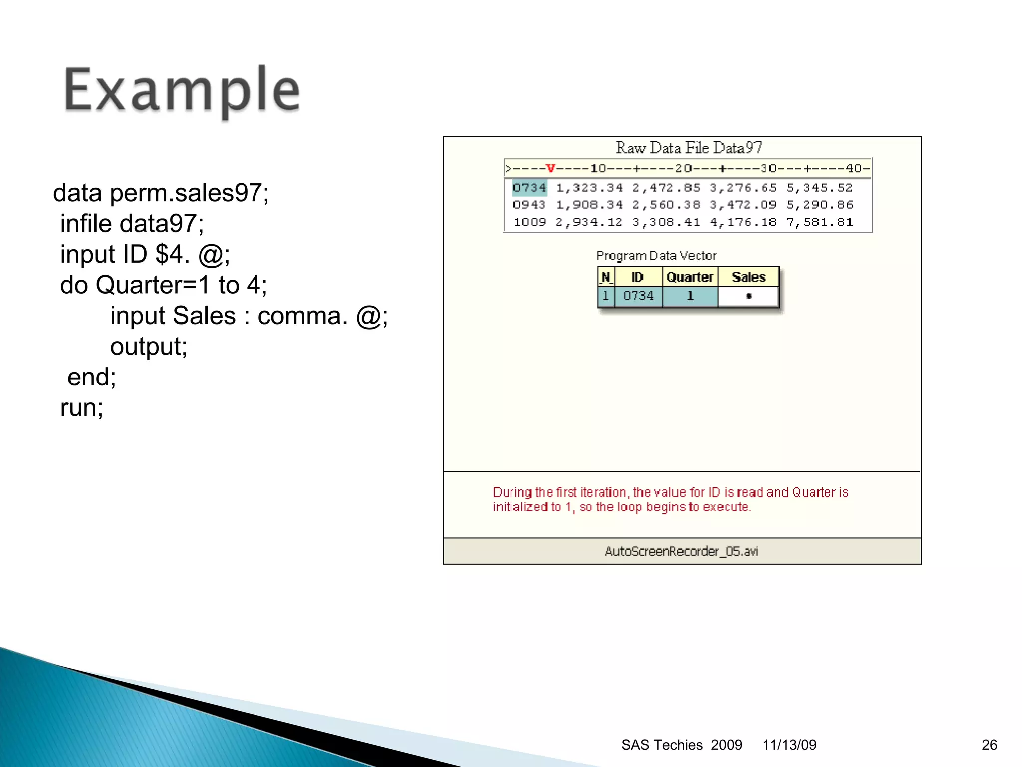 data perm.sales97; infile data97; input ID $4. @; do Quarter=1 to 4;  input Sales : comma. @;  output; end; run;  11/13/09 SAS Techies  2009 