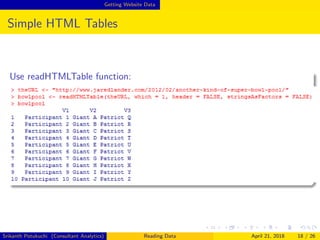 Getting Website Data
Simple HTML Tables
Use readHTMLTable function:
Srikanth Potukuchi (Consultant Analytics) Reading Data April 21, 2018 18 / 26
 
