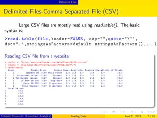 Delimited Files
Delimited Files-Comma Separated File (CSV)
Large CSV ﬁles are mostly read using read.table(). The basic
syntax is:
>read.table(file ,header=FALSE , sep="",quote=""",
dec=".",stringsAsFactors =default. stringsAsFactors () ,...)
Reading CSV ﬁle from a website
Srikanth Potukuchi (Consultant Analytics) Reading Data April 21, 2018 7 / 26
 