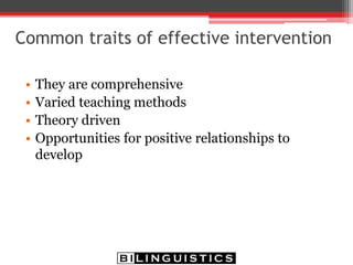 Reading ComprehensionReading Comprehension
Reading FluencyReading Fluency
Phonological
Awareness
Phonological
Awareness
Syllable ID
(Spn)
Syllable ID
(Spn)
RhymingRhyming
Onset-RimeOnset-Rime
Phonemic
Awareness
Phonemic
Awareness
Syllable
Blending/Segmentation
Syllable
Blending/Segmentation
Orthographic
Coding
Orthographic
Coding
Rapid
Automatic
Naming
Rapid
Automatic
Naming
Letter-Sound
Correspondence
Letter-Sound
Correspondence
Rapid Serial NamingRapid Serial Naming
Listening ComprehensionListening Comprehension
MorphologyMorphology
Oral
Vocabulary
Oral
Vocabulary
Word
Meanings
Word
Meanings
Word RelationshipsWord Relationships
SyntaxSyntax DiscourseDiscourse
Narrative
Structure
Narrative
Structure
Conversational
Patterns
Conversational
Patterns
ExpositoryExpository
ProceduralProcedural
Phonological
Memory
Phonological
Memory
 