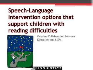Efficacy of Intervention
• Language of instruction should be kept at a
suitable level of complexity and clarification to
better accommodate children’s speed of oral
language processing (Bishop & Leonard, 2000;
Nation, 2005)
 Engaging children in reciprocal verbal interactions that
support the child in producing more linguistically complex
dialogues directly facilitates the development of children’s
language proficiency and indirectly the development of their
reading skills
 Both visual and verbal models of intervention resulted in
gains in reading comprehension for adequate decoders/poor
comprehenders2
 