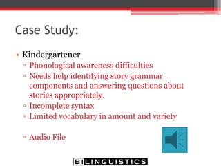 Speech vs. Language
Speech Impairment
• Articulation Disorder
• Phonological Delay
• Phonological Disorder
Language Impairment
• Expressive Language
Impairment
• Receptive Language
Impairment
• Impaired Discourse skills
 