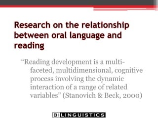 SLP roles & responsibilities in reading
and writing
• Preventing written language problems by fostering
language acquisition and emergent literacy
• Identifying children at risk for reading and writing
problems
• Assessing reading and writing
• Providing intervention and documenting outcomes
for reading and writing
• Providing assistance to general education teachers,
parents
• Advancing the knowledge base
• Advocating for effective literacy programs
 
