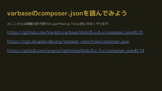 varbaseのcomposer.jsonを読んでみよう
※ここからは時間の許す限りDrupal Meetup Tokyo的にゆるくやります
https://github.com/Vardot/varbase/blob/8.x-6.x/composer.json#L31
https://cgit.drupalcode.org/varbase_core/tree/composer.json
https://github.com/acquia/lightning/blob/8.x-3.x/composer.json#L14
 