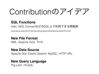 Contributionのアイデア
SQL Functions 
Add, AVG, ConvertなどのSQL上で利用できる関数群 
exec/java-exec/src/main/java/org/apache/drill/exec/expr/fn/impl
New File Format 
XML, Apache Avro, Thrift"
New Data Source 
Apache Solr, Elastic Search, MySQL, HTTP URL
New Query Language 
Pig Latin, HiveQL
 