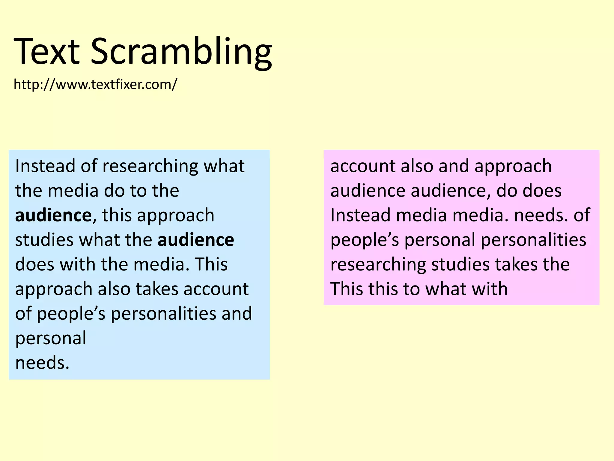 Text Scrambling
http://www.textfixer.com/
account also and approach
audience audience, do does
Instead media media. needs. of
people’s personal personalities
researching studies takes the
This this to what with
Instead of researching what
the media do to the
audience, this approach
studies what the audience
does with the media. This
approach also takes account
of people’s personalities and
personal
needs.
 