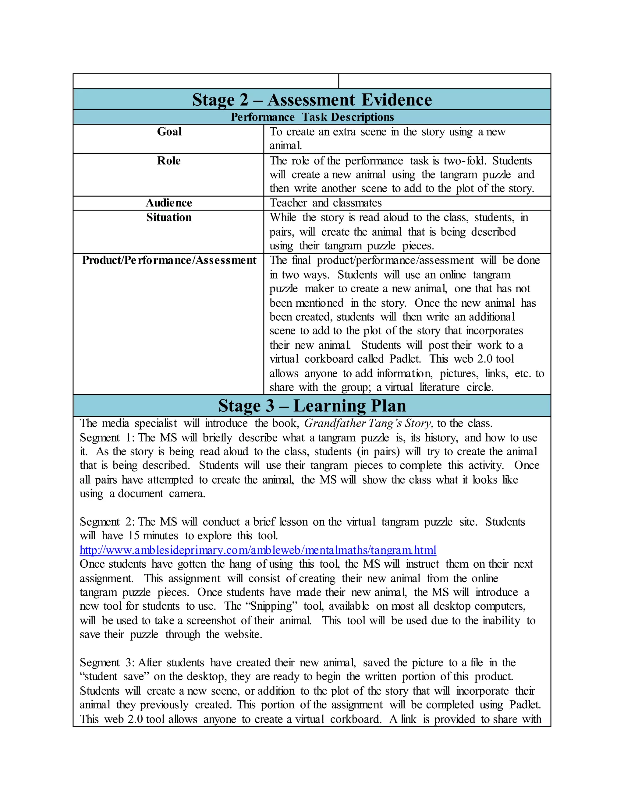 Stage 2 – Assessment Evidence
Performance Task Descriptions
Goal To create an extra scene in the story using a new
animal.
Role The role of the performance task is two-fold. Students
will create a new animal using the tangram puzzle and
then write another scene to add to the plot of the story.
Audience Teacher and classmates
Situation While the story is read aloud to the class, students, in
pairs, will create the animal that is being described
using their tangram puzzle pieces.
Product/Performance/Assessment The final product/performance/assessment will be done
in two ways. Students will use an online tangram
puzzle maker to create a new animal, one that has not
been mentioned in the story. Once the new animal has
been created, students will then write an additional
scene to add to the plot of the story that incorporates
their new animal. Students will post their work to a
virtual corkboard called Padlet. This web 2.0 tool
allows anyone to add information, pictures, links, etc. to
share with the group; a virtual literature circle.
Stage 3 – Learning Plan
The media specialist will introduce the book, Grandfather Tang’s Story, to the class.
Segment 1: The MS will briefly describe what a tangram puzzle is, its history, and how to use
it. As the story is being read aloud to the class, students (in pairs) will try to create the animal
that is being described. Students will use their tangram pieces to complete this activity. Once
all pairs have attempted to create the animal, the MS will show the class what it looks like
using a document camera.
Segment 2: The MS will conduct a brief lesson on the virtual tangram puzzle site. Students
will have 15 minutes to explore this tool.
http://www.amblesideprimary.com/ambleweb/mentalmaths/tangram.html
Once students have gotten the hang of using this tool, the MS will instruct them on their next
assignment. This assignment will consist of creating their new animal from the online
tangram puzzle pieces. Once students have made their new animal, the MS will introduce a
new tool for students to use. The “Snipping” tool, available on most all desktop computers,
will be used to take a screenshot of their animal. This tool will be used due to the inability to
save their puzzle through the website.
Segment 3: After students have created their new animal, saved the picture to a file in the
“student save” on the desktop, they are ready to begin the written portion of this product.
Students will create a new scene, or addition to the plot of the story that will incorporate their
animal they previously created. This portion of the assignment will be completed using Padlet.
This web 2.0 tool allows anyone to create a virtual corkboard. A link is provided to share with
 