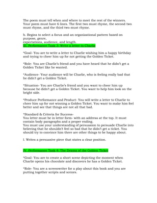 The poem must tell when and where to meet the rest of the winners.
Your poem must have 6 lines. The first two must rhyme, the second two
must rhyme, and the third two must rhyme.

b. Begins to select a focus and an organizational pattern based on
purpose, genre,
expectations, audience, and length.
III. Performance Task 3: Write a letter to Charlie

*Goal- You are to write a letter to Charlie wishing him a happy birthday
and trying to cheer him up for not getting the Golden Ticket.

*Role- You are Charlie’s friend and you have heard that he didn’t get a
Golden Ticket like he wanted.

*Audience- Your audience will be Charlie, who is feeling really bad that
he didn’t get a Golden Ticket.

*Situation- You are Charlie’s friend and you want to cheer him up
because he didn’t get a Golden Ticket. You want to help him look on the
bright side.

*Produce Performance and Product- You will write a letter to Charlie to
cheer him up for not winning a Golden Ticket. You want to make him feel
better and see that things are not all that bad.

*Standard & Criteria for Success-
You letter must be in letter form- with an address at the top. It must
contain body paragraphs and a proper ending.
You must use your understanding of persuasion to persuade Charlie into
believing that he shouldn’t feel so bad that he didn’t get a ticket. You
should try to convince him there are other things to be happy about.

l. Writes a persuasive piece that states a clear position.


IV. Performance Task 4: The Drama of the Golden Ticket

*Goal- You are to create a short scene depicting the moment when
Charlie opens his chocolate and discovers he has a Golden Ticket.

*Role- You are a screenwriter for a play about this book and you are
putting together scripts and scenes.
 