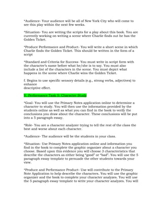 *Audience- Your audience will be all of New York City who will come to
see this play within the next few weeks.

*Situation- You are writing the scripts for a play about this book. You are
currently working on writing a scene where Charlie finds out he has the
Golden Ticket.

*Produce Performance and Product- You will write a short scene in which
Charlie finds the Golden Ticket. This should be written in the form of a
script

*Standard and Criteria for Success- You must write in script form with
the character’s name before what he/she is to say. You must also
include a list of the characters in the scene. You must depict what
happens in the scene where Charlie wins the Golden Ticket.

f. Begins to use specific sensory details (e.g., strong verbs, adjectives) to
enhance
descriptive effect.

V. Performance Task 5: Character Study

*Goal- You will use the Primary Notes application online to determine a
character to study. You will then use the information provided by the
students online as well as what you can find in the book to verify the
conclusions you draw about the character. These conclusions will be put
into a 5 paragraph essay.

*Role- You are a character analyzer trying to tell the rest of the class the
best and worse about each character.

*Audience- The audience will be the students in your class.

*Situation- Use Primary Notes application online and information you
find in the book to complete the graphic organizer about a character you
choose. Based upon this evidence you will choose 3 characteristics that
describe the characters as either being “good” or “bad”. You will use the 5
paragraph essay template to persuade the other students towards your
view.

*Produce and Performance Product- Use will contribute to the Primary
Note Application to help describe the characters. You will use the graphic
organizer and the book to complete your character analyzes. You will use
the 5 paragraph essay template to write your character analyzes. You will
 