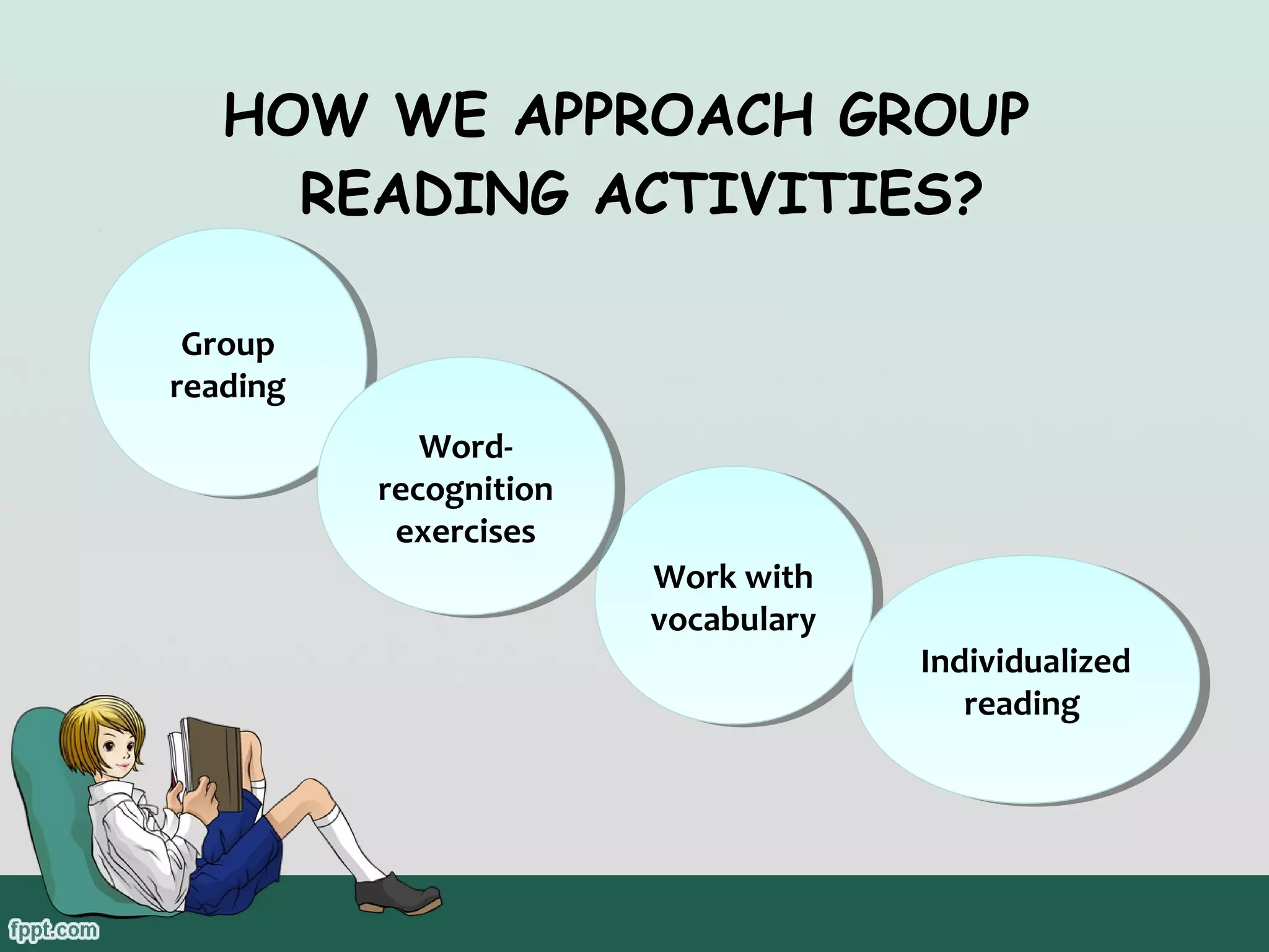 HOW WE APPROACH GROUP
READING ACTIVITIES?
Group
Group
reading
reading
WordWordrecognition
recognition
exercises
exercises

Work with
Work with
vocabulary
vocabulary

Individualized
Individualized
reading
reading

 