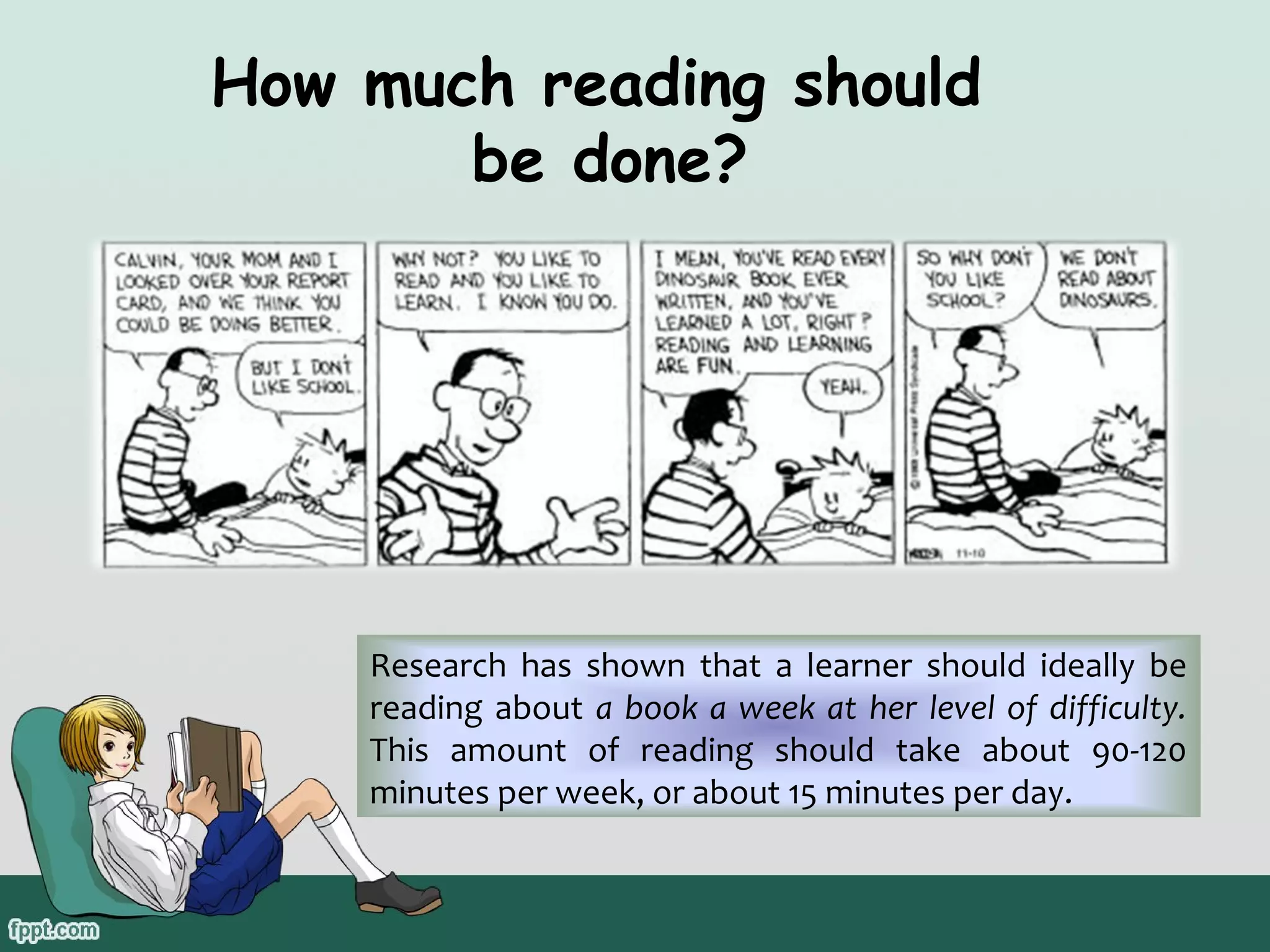 How much reading should
be done?

Research has shown that a learner should ideally be
reading about a book a week at her level of difficulty.
This amount of reading should take about 90-120
minutes per week, or about 15 minutes per day.

 