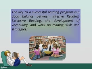 The key to a successful reading program is a
good balance between Intesive Reading,
Extensive Reading, the development of
vocabulary, and work on reading skills and
strategies.

 