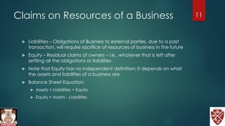 Claims on Resources of a Business
 Liabilities – Obligations of Business to external parties, due to a past
transaction, will require sacrifice of resources of business in the future
 Equity – Residual claims of owners – i.e., whatever that is left after
settling all the obligations or liabilities
 Note that Equity has no independent definition; it depends on what
the assets and liabilities of a business are
 Balance Sheet Equation:
 Assets = Liabilities + Equity
 Equity = Assets - Liabilities
11
 