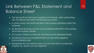Link Between P&L Statement and
Balance Sheet
 The Net profit (or Net Loss) is added to the Equity, after subtracting
any Dividends and other withdrawals by owners
 In other words, the profits are left in the business (retained within the
business)
 So Retained Earnings are the accumulated profits left in the business
since the business started
 Of course, if there is a Net Loss, this reduces the Retained Profits
 Sometimes the Accumulated Profits can become negative
(Accumulated Loss)
 Sometimes Accumulated Losses can be more than Contributed
Capital, i.e., Equity can be negative!
15
 