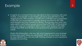 Example
 Imagine for a moment that you decided to start a business with your
mother, a housewife, to sew ladies garments and sell them in the
neighborhood. With mother's contribution of ₹9,000 and a bank loan
of ₹20,000 you purchased a peddle sewing machine for ₹21,000,
cloth lengths and the material for ₹8,000. During May and June, you
were able to sell finished goods amounting to ₹16,000. At the end of
June, you had raw material ₹1,500 in stock, cash balance ₹14,000,
interest due ₹500 and ₹2,000 to be received for garments sold on
credit.
Given this information, can you tell what happened to your business
in May and June? Were you profitable? What do you have to show
for your efforts? How can you tell? Getting answers to such questions
requires accounting.
3
 