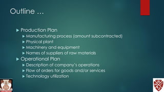 Outline …
 Production Plan
 Manufacturing process (amount subcontracted)
 Physical plant
 Machinery and equipment
 Names of suppliers of raw materials
 Operational Plan
 Description of company’s operations
 Flow of orders for goods and/or services
 Technology utilization
 