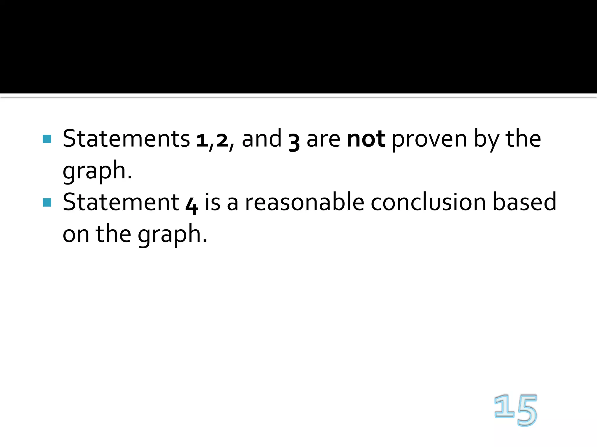 Statements 1,2, and 3 are not proven by the graph.Statement 4 is a reasonable conclusion based on the graph.15