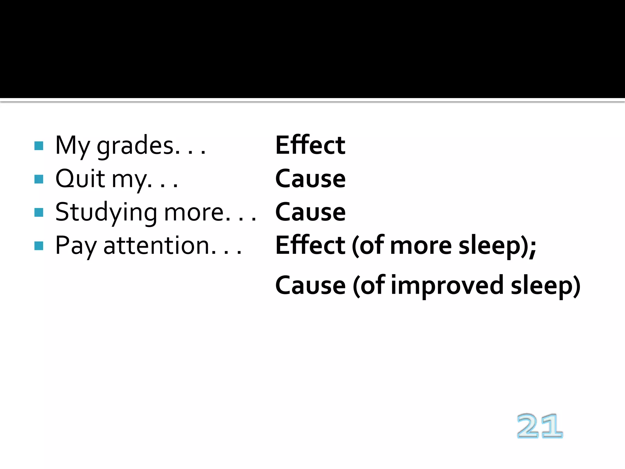 My grades. . .		EffectQuit my. . .		CauseStudying more. . .	CausePay attention. . .	Effect (of more sleep);Cause (of improved sleep)21