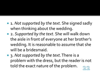 1. Not supported by the text. She signed sadly when thinking about the wedding.2. Supported by the text. She will walk down the aisle in front of everyone at her brother’s wedding. It is reasonable to assume that she will be a bridesmaid.3. Not supported by the text. There is a problem with the dress, but the reader is not told the exact nature of the problem. 22