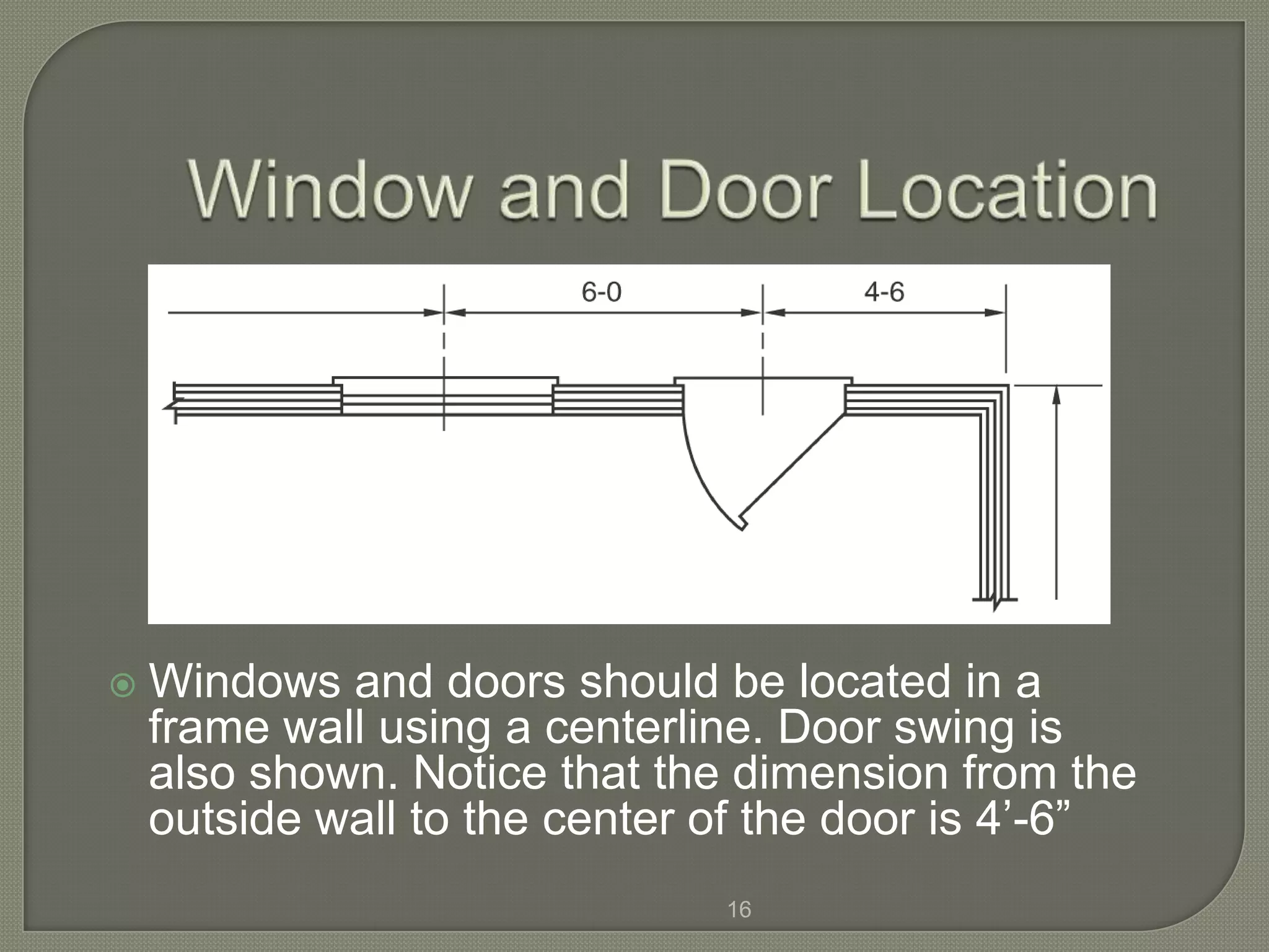    Windows and doors should be located in a
    frame wall using a centerline. Door swing is
    also shown. Notice that the dimension from the
    outside wall to the center of the door is 4’-6”
                               16
 