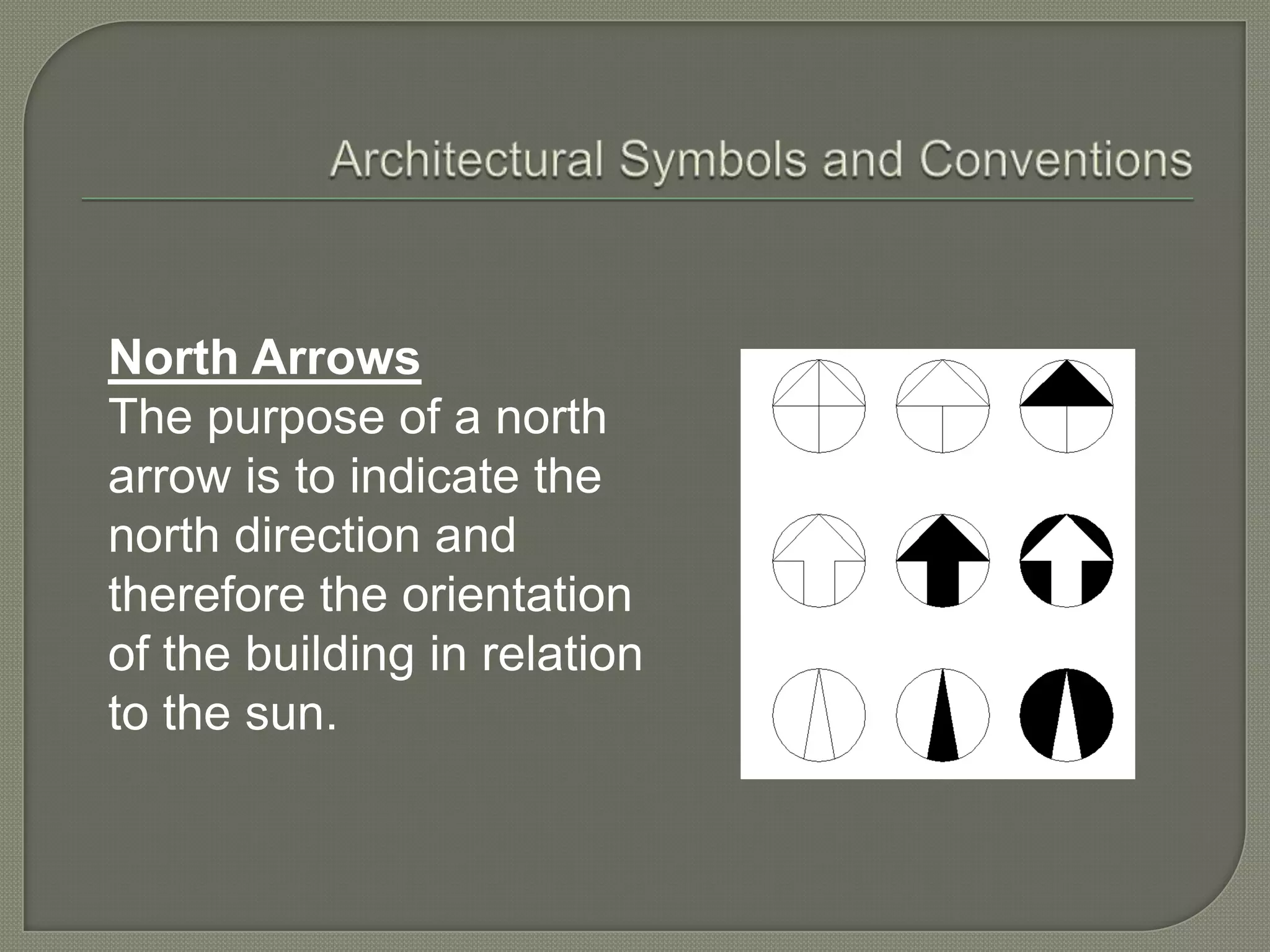 North Arrows
The purpose of a north
arrow is to indicate the
north direction and
therefore the orientation
of the building in relation
to the sun.
 