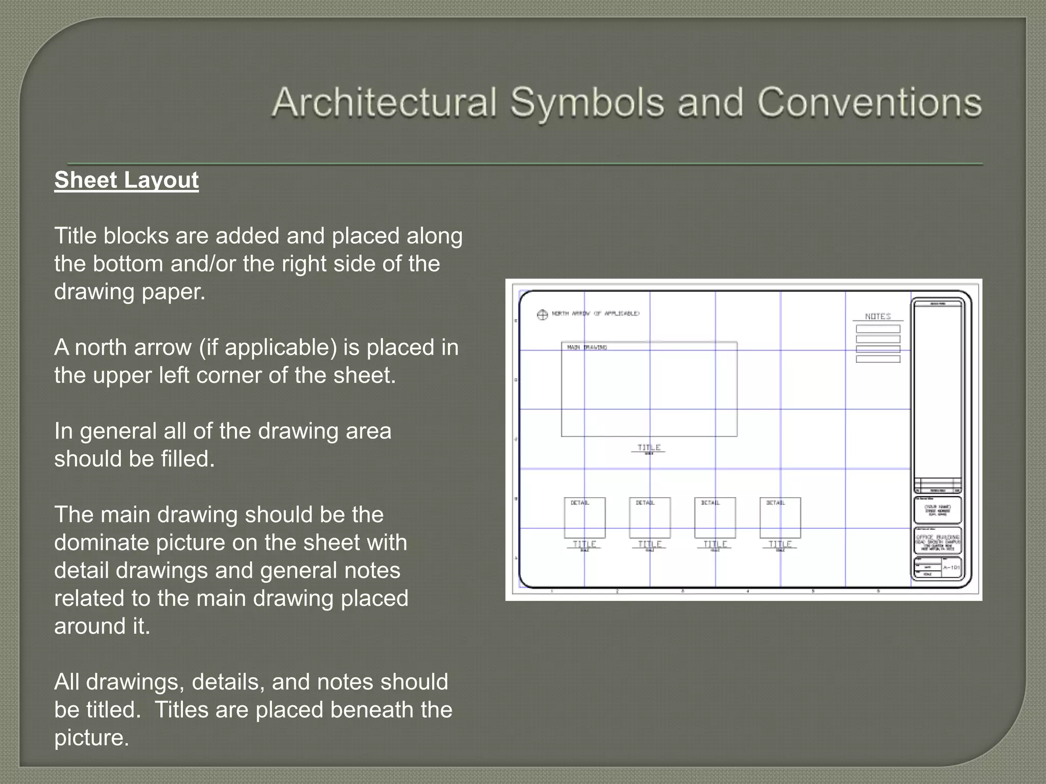 Sheet Layout

Title blocks are added and placed along
the bottom and/or the right side of the
drawing paper.

A north arrow (if applicable) is placed in
the upper left corner of the sheet.

In general all of the drawing area
should be filled.

The main drawing should be the
dominate picture on the sheet with
detail drawings and general notes
related to the main drawing placed
around it.

All drawings, details, and notes should
be titled. Titles are placed beneath the
picture.
 