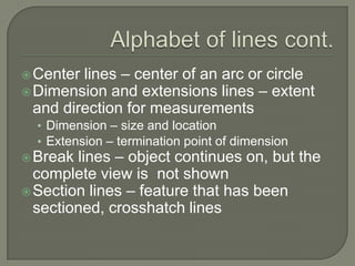  Center lines – center of an arc or circle
 Dimension and extensions lines – extent
  and direction for measurements
  • Dimension – size and location
  • Extension – termination point of dimension
 Break lines – object continues on, but the
  complete view is not shown
 Section lines – feature that has been
  sectioned, crosshatch lines
 
