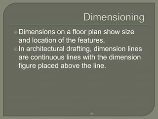  Dimensions   on a floor plan show size
  and location of the features.
 In architectural drafting, dimension lines
  are continuous lines with the dimension
  figure placed above the line.




                          24
 