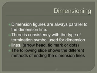  Dimension   figures are always parallel to
  the dimension line.
 There is consistency with the type of
  termination symbol used for dimension
 lines. (arrow head, tic mark or dots)
 The following slide shows the different
  methods of ending the dimension lines


                          27
 