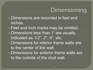  Dimensions   are recorded in feet and
  inches.
 Feet and inch marks may be omitted.
 Dimensions less than 1' are usually
  indicated as 1/2", 2", 6", etc.
 Dimensions for interior frame walls are
  to the center of the wall.
 Dimensions for exterior frame walls are
  to the outside of the stud wall.

                         29
 
