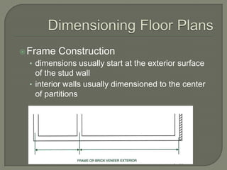  Frame   Construction
 • dimensions usually start at the exterior surface
   of the stud wall
 • interior walls usually dimensioned to the center
   of partitions
 
