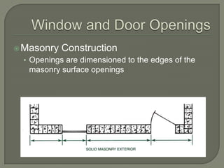  Masonry   Construction
  • Openings are dimensioned to the edges of the
   masonry surface openings
 