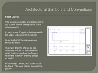Sheet Layout

Title blocks are added and placed along
the bottom and/or the right side of the
drawing paper.

A north arrow (if applicable) is placed in
the upper left corner of the sheet.

In general all of the drawing area
should be filled.

The main drawing should be the
dominate picture on the sheet with
detail drawings and general notes
related to the main drawing placed
around it.

All drawings, details, and notes should
be titled. Titles are placed beneath the
picture.
 