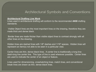 Architectural Drafting Line Work
Lines used in architectural drafting will conform to the recommended ANSI drafting
standards.

Visible Object lines are the most important lines on the drawing, therefore they are
made thick and dense black.

Border lines are made thicker than visible object lines to contrast strongly with all
other lines on the drawing.

Hidden lines are dashed lines with 1/8" dashes and 1/16" spaces. Hidden lines will
represent an item(s) not able to be seen in a particular view.

Center lines are thin, dense black lines. A center line is traditionally a long line-
dash-long line center line. This type of line is used wherever possible. Center lines
are used to indicate the center of an object or feature.

Lines used for dimensioning, crosshatching lines. match lines, and conventional
break lines are drawn as thin, dense black lines.
 