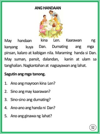 ANGHANDAAN
May handaan
kanyang kuya
kina Len. Kaarawan ng
Dan. Dumating ang mga
pinsan, kalaro at kaibigan nila. Maraming handa si Dan.
May suman, pansit, dalandan, kanin at ulam sa
tanghalian.Nagkantahanat nagsayawanang lahat.
Sagutinangmga tanong.
1. Anoangmayroonkina Len?
2. Sinoangmay kaarawan?
3. Sino-sino ang dumating?
4. Ano-anoanghandani Dan?
5. Anoangginawang lahat?
 