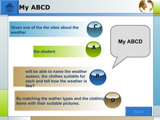 My ABCD


Given one of the the sites about the      C
weather

                                                      My ABCD
                                          A
            the student




       will be able to name the weather
       season, the clothes suitable for   B
       each and tell how the weather is
       like?


  By matching the wather types and the clothing
  Items with their suitable pictures.
                                                  D

                                                          Back
 