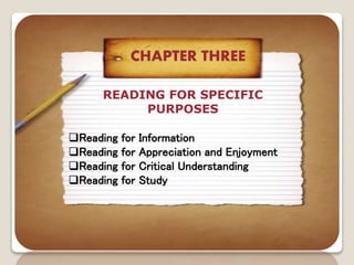 READING FOR SPECIFIC
PURPOSES
Reading for Information
Reading for Appreciation and Enjoyment
Reading for Critical Understanding
Reading for Study
CHAPTER THREE
 